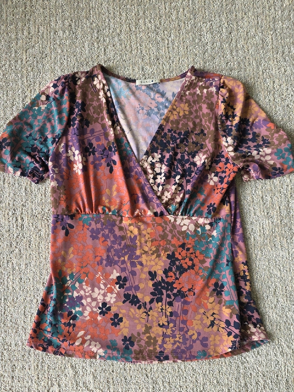 Beacon Floral Wrap-Style V-Neck Top in Purple, Coral, Teal, Cream